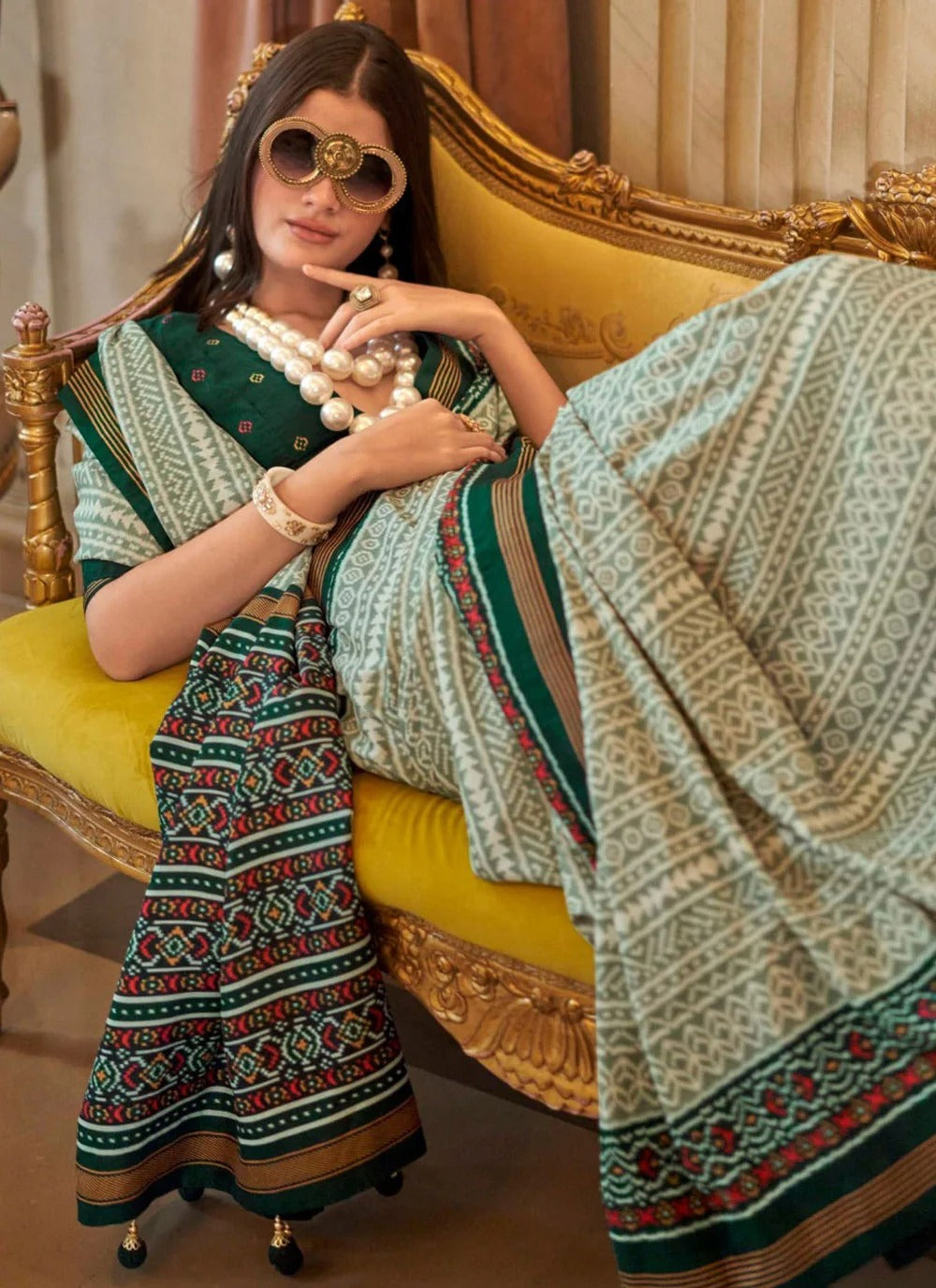 Green Double Ikkat Super P.V Silk Saree with Signature Print & Radiant Finish | Designer Festive & Party Wear Saree