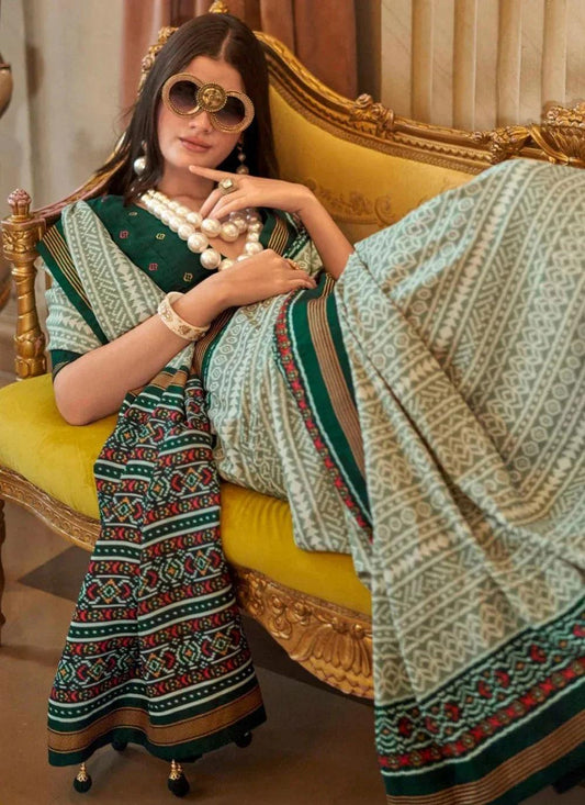 Green Double Ikkat Super P.V Silk Saree with Signature Print & Radiant Finish | Designer Festive & Party Wear Saree - House of ViDi