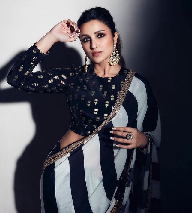 Parineeti Chopra Style Black & White Georgette Saree with Embroidery & Sequin Work – Designer Party Wear - House of ViDi