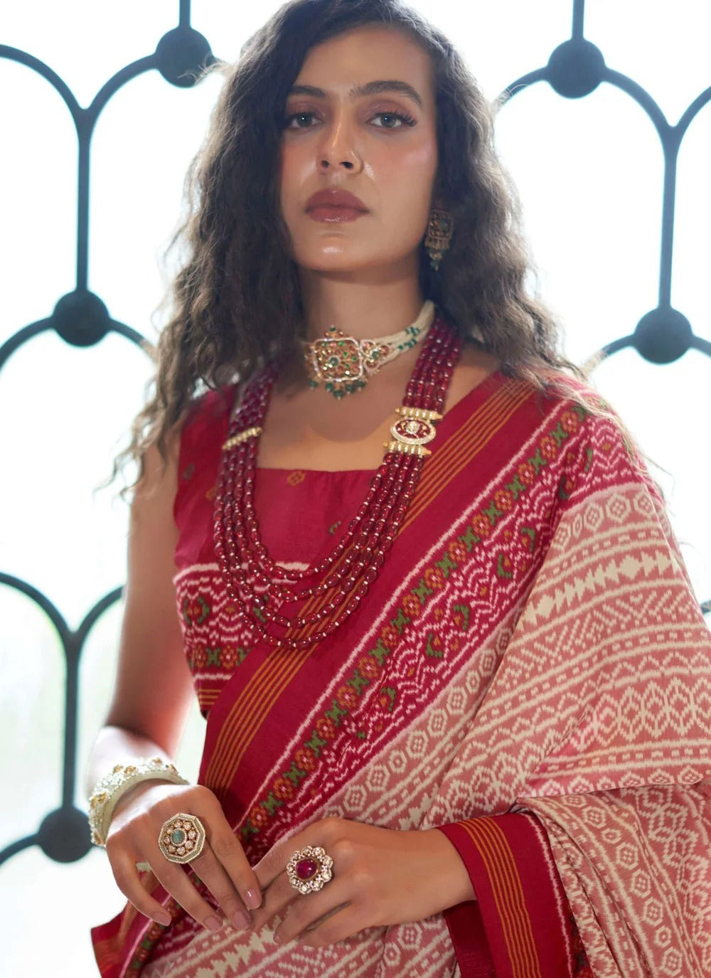 Red Double Ikkat Super P.V Silk Saree with Signature Print & Radiant Finish | Designer Festive & Party Wear Saree