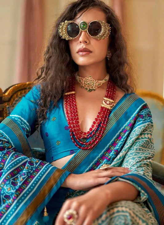 Sky Blue Double Ikkat Super P.V Silk Saree with Signature Print & Radiant Finish | Designer Festive & Party Wear Saree - House of ViDi