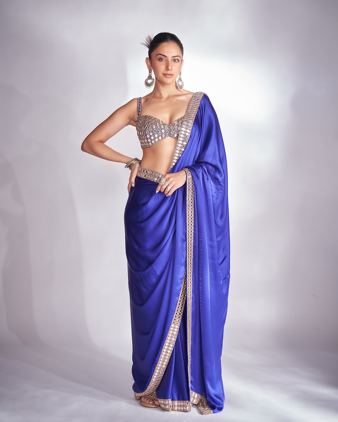 Rakul Preet Inspired Blue Satin Silk Mirror Work Saree – Designer Party Wear Saree with Embroidered Mirror Blouse