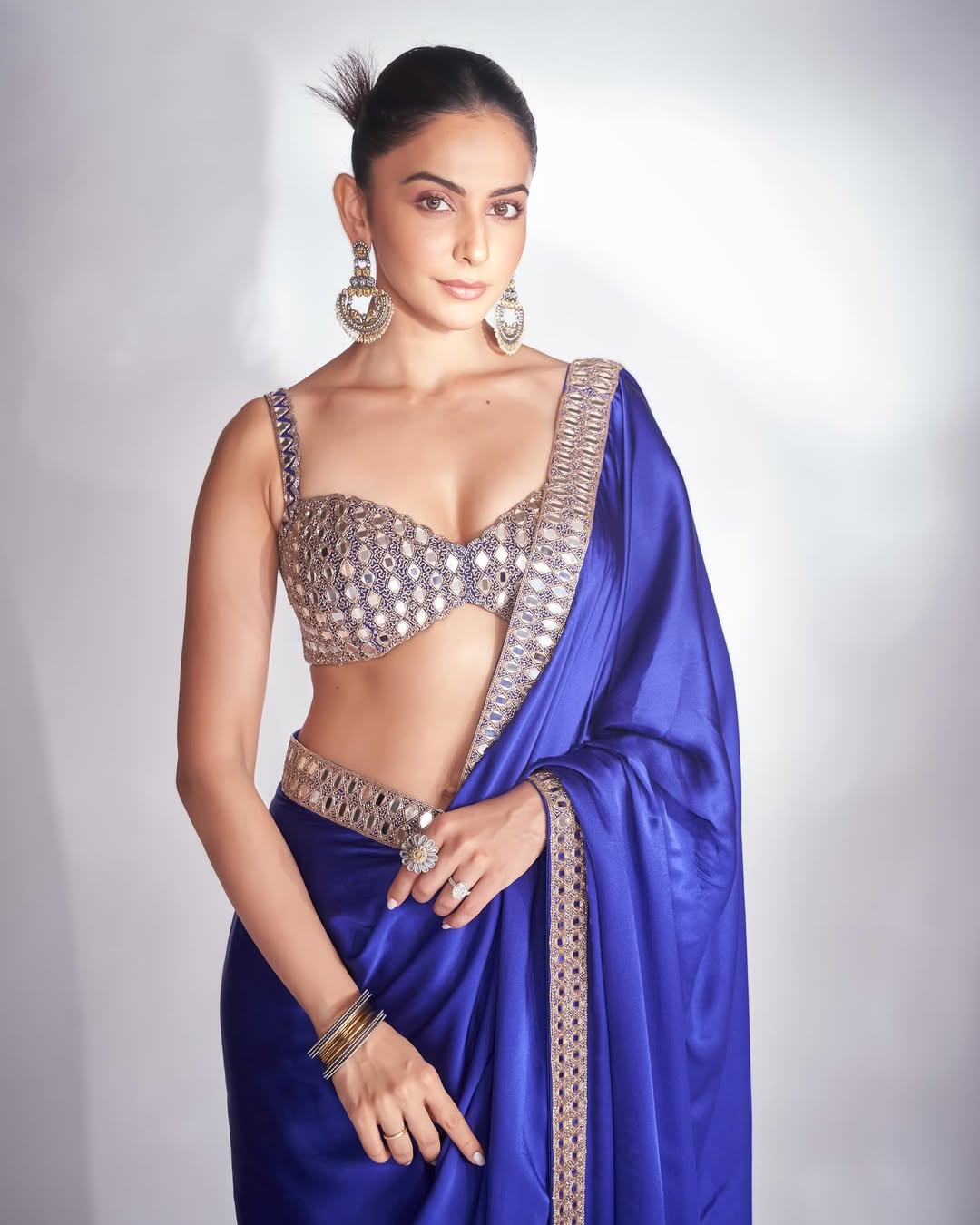 Rakul Preet Inspired Blue Satin Silk Mirror Work Saree – Designer Party Wear Saree with Embroidered Mirror Blouse