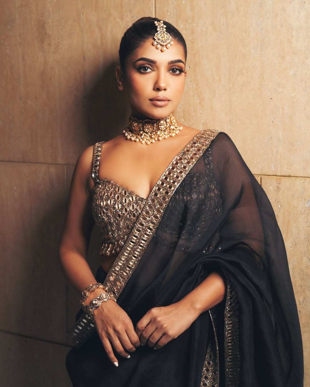 Black Satin Silk Mirror Work Saree – Designer Party Wear Saree with Embroidered Mirror Blouse