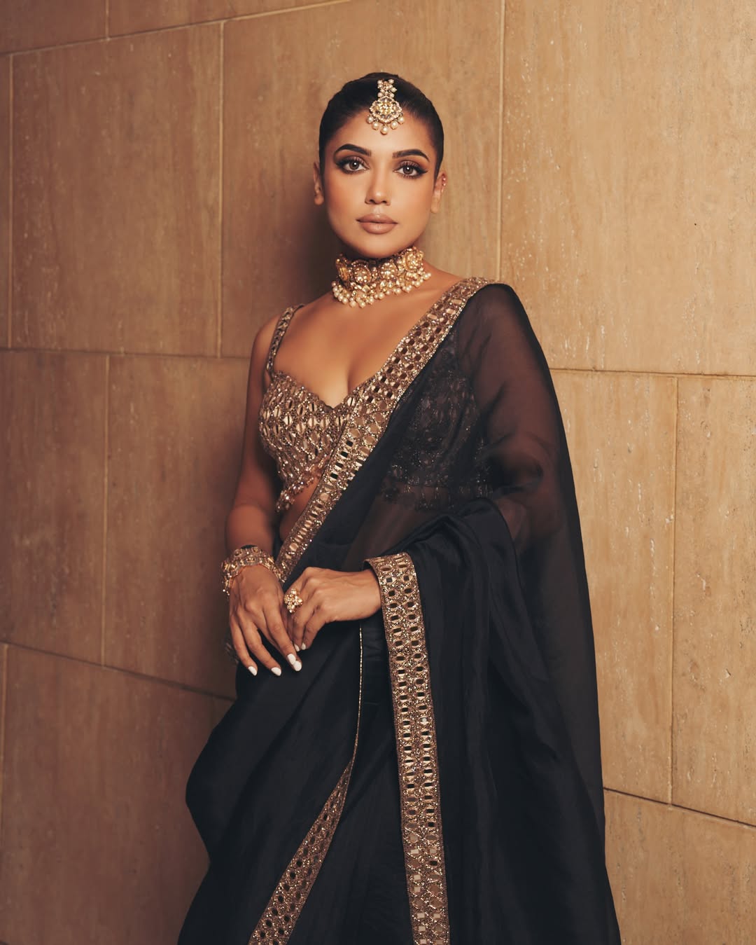 Black Satin Silk Mirror Work Saree – Designer Party Wear Saree with Embroidered Mirror Blouse