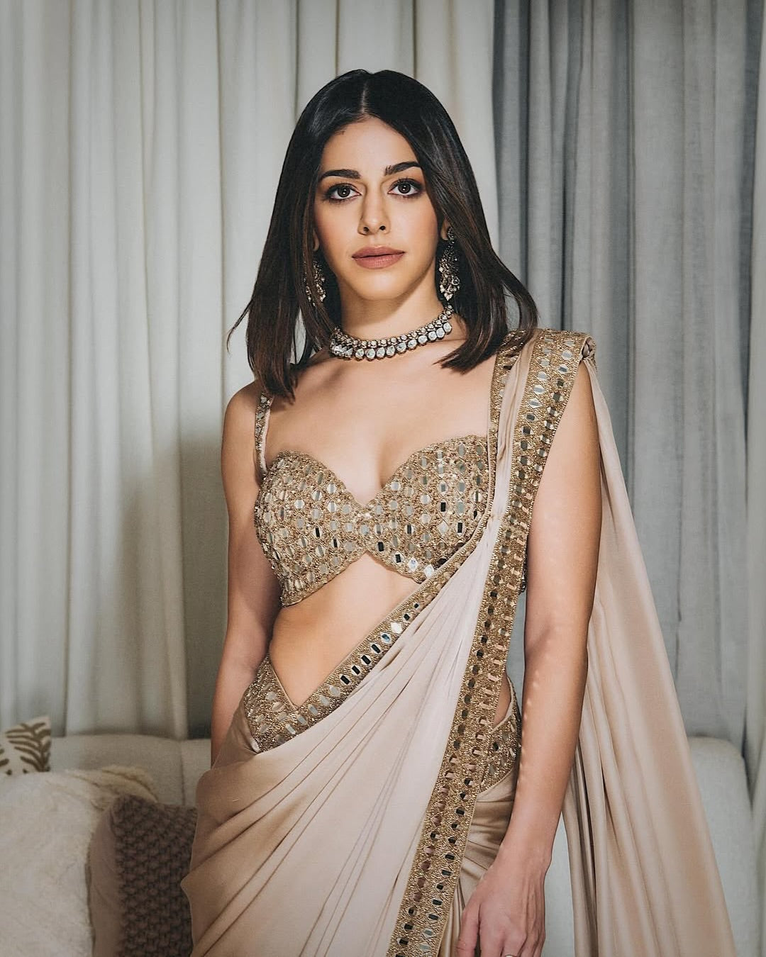 Alaya Furniturewala Inspired Off White Satin Silk Mirror Work Saree – Designer Party Wear Saree with Embroidered Mirror Blouse