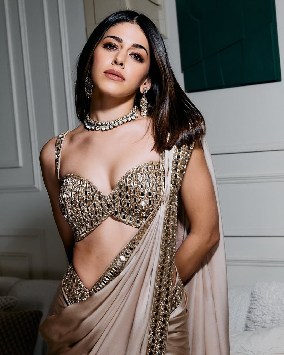 Alaya Furniturewala Inspired Off White Satin Silk Mirror Work Saree – Designer Party Wear Saree with Embroidered Mirror Blouse