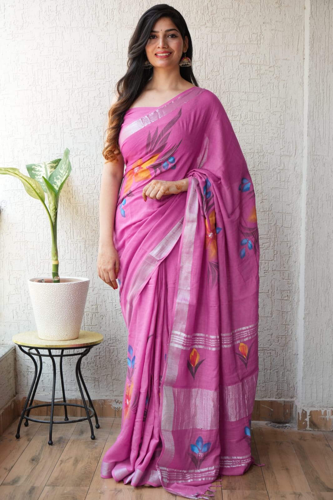 Pink Hand Block Printed Linen Saree with Blouse – Natural Dye Floral Print