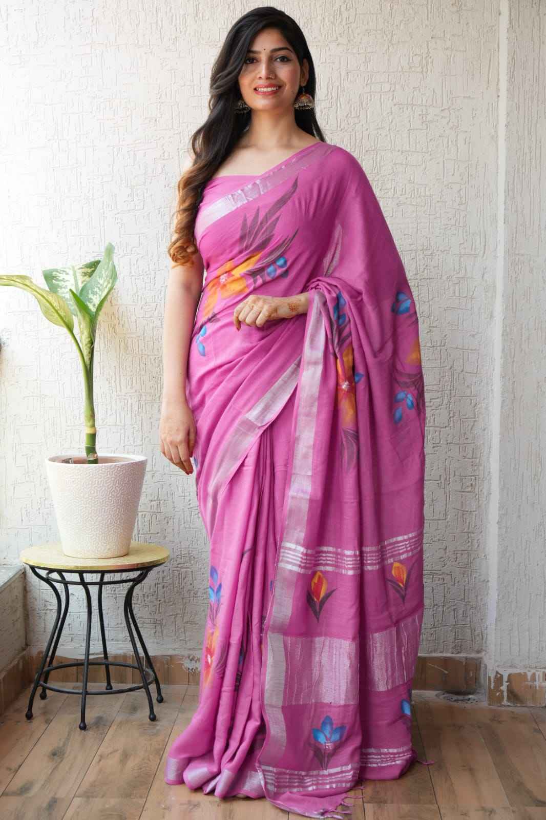 Pink Hand Block Printed Linen Saree with Blouse – Natural Dye Floral Print