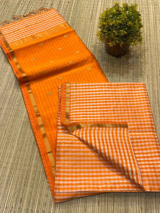 Kesari Orange Maheshwari Handwoven Chex Buti Line Pallu Saree