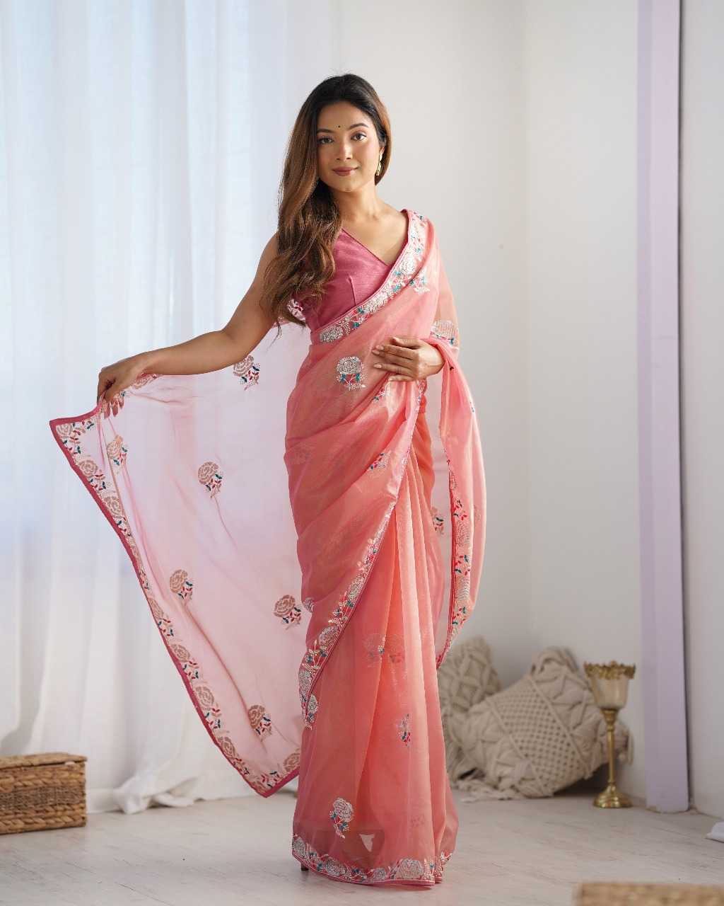 Designer Net Saree with Embroidered Border & Unstitched Banglori Silk Blouse – Party & Festive Wear (Peach)