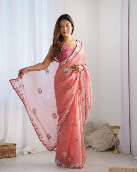 Designer Net Saree with Embroidered Border & Unstitched Banglori Silk Blouse – Party & Festive Wear (Peach) - House of ViDi