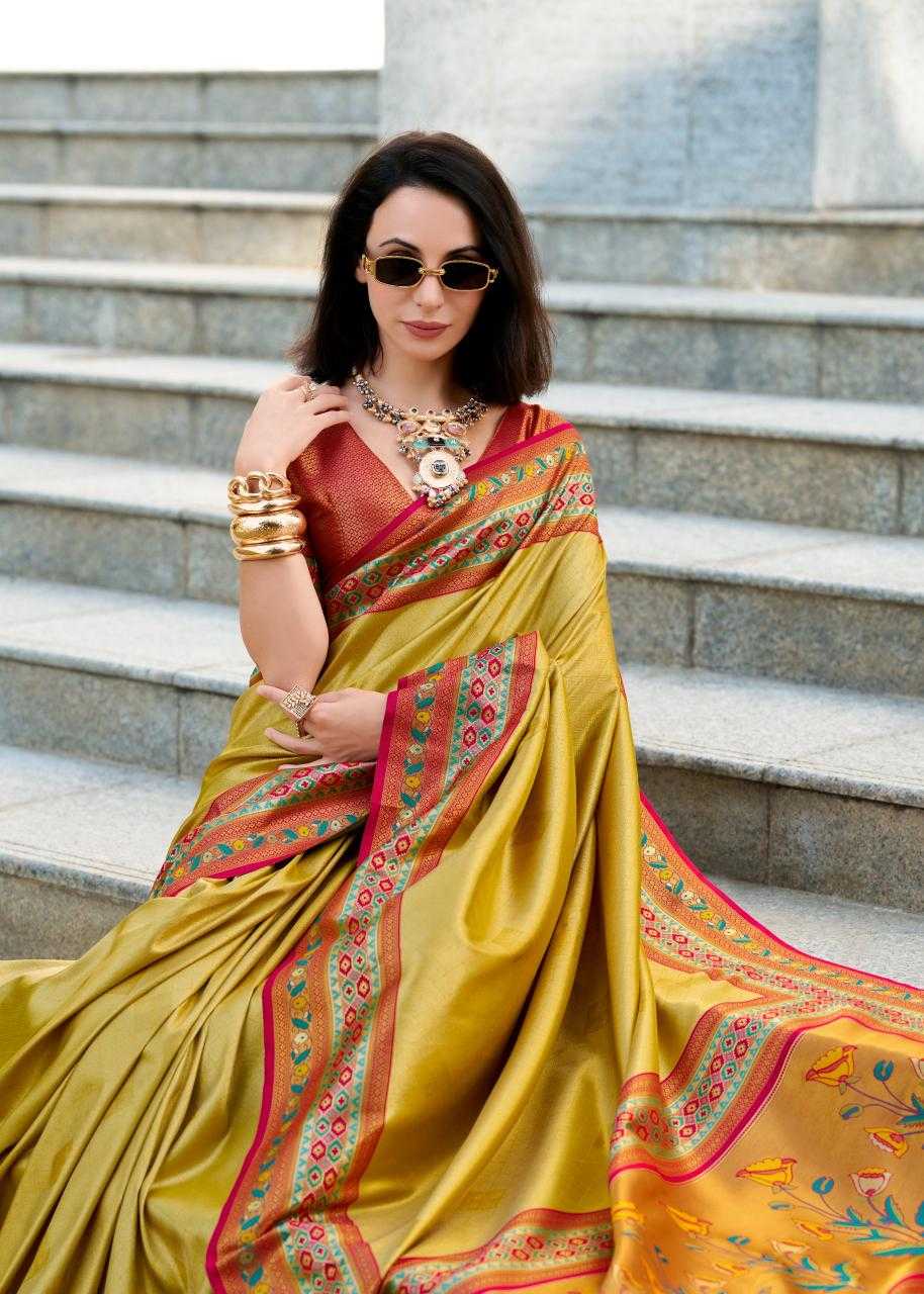 Tissue Silk Party Wear Saree | Elegant Weaving Border & Designer Pallu ✨ | Fancy Silk Saree for Festive Glamour (Mustard) - House of ViDi