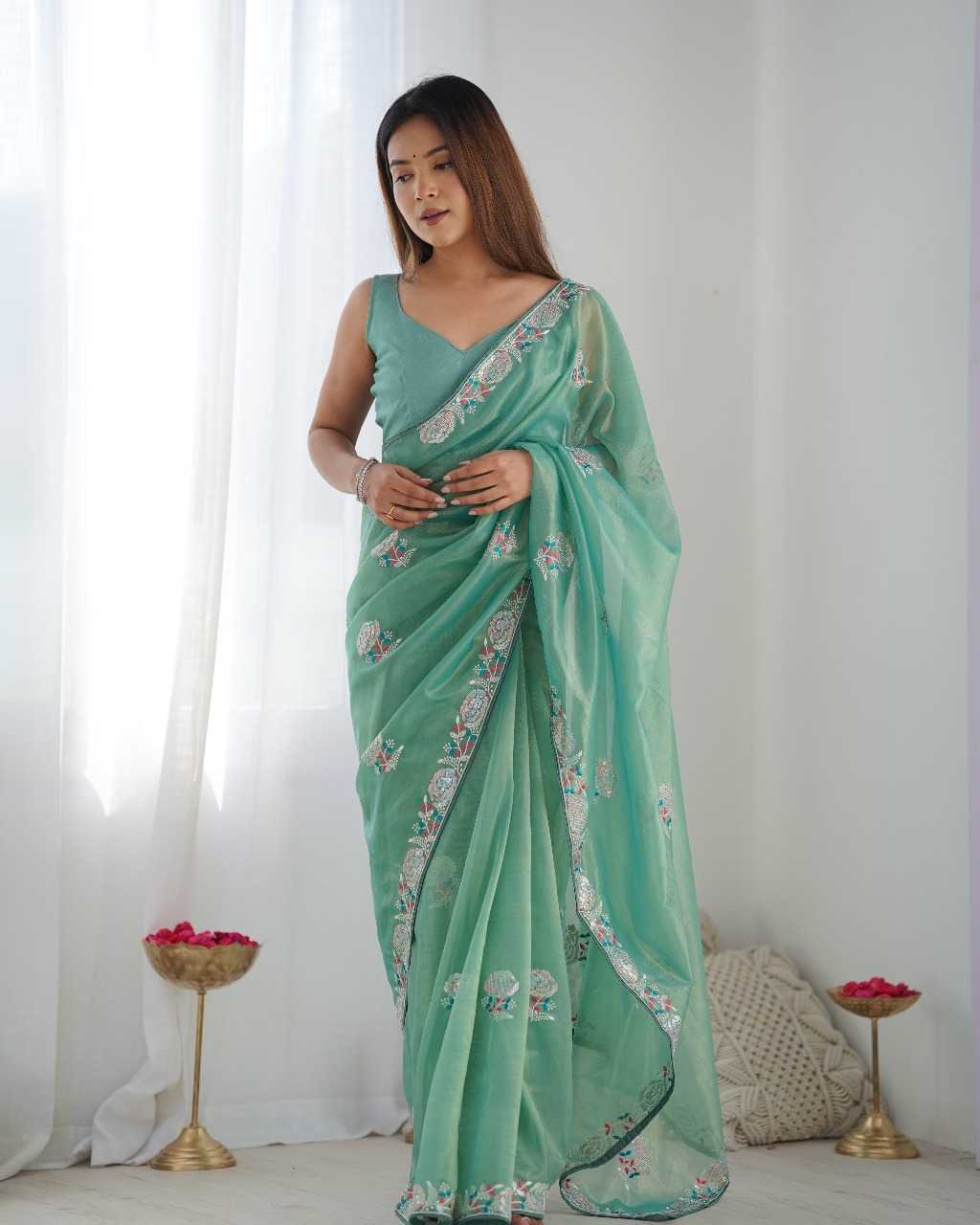 Designer Net Saree with Embroidered Border & Unstitched Banglori Silk Blouse – Party & Festive Wear (Green)
