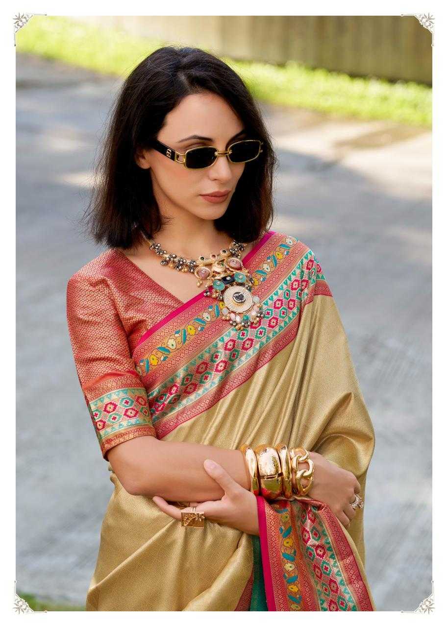 Tissue Silk Party Wear Saree | Elegant Weaving Border & Designer Pallu ✨ | Fancy Silk Saree for Festive Glamour (Beige) - House of ViDi