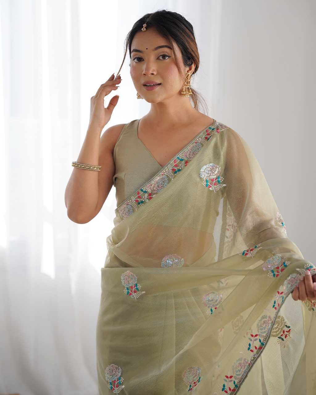 Designer Net Saree with Embroidered Border & Unstitched Banglori Silk Blouse – Party & Festive Wear (Mehndi)