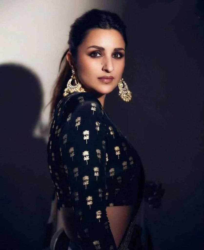 Parineeti Chopra Style Black & White Georgette Saree with Embroidery & Sequin Work – Designer Party Wear - House of ViDi