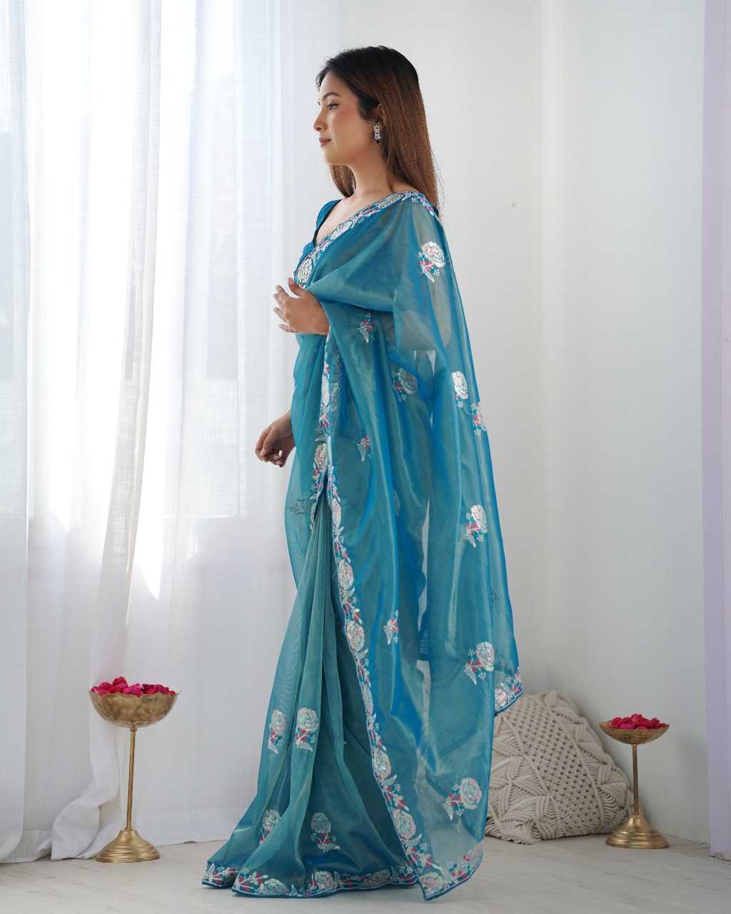 Designer Net Saree with Embroidered Border & Unstitched Banglori Silk Blouse – Party & Festive Wear (Morpich)