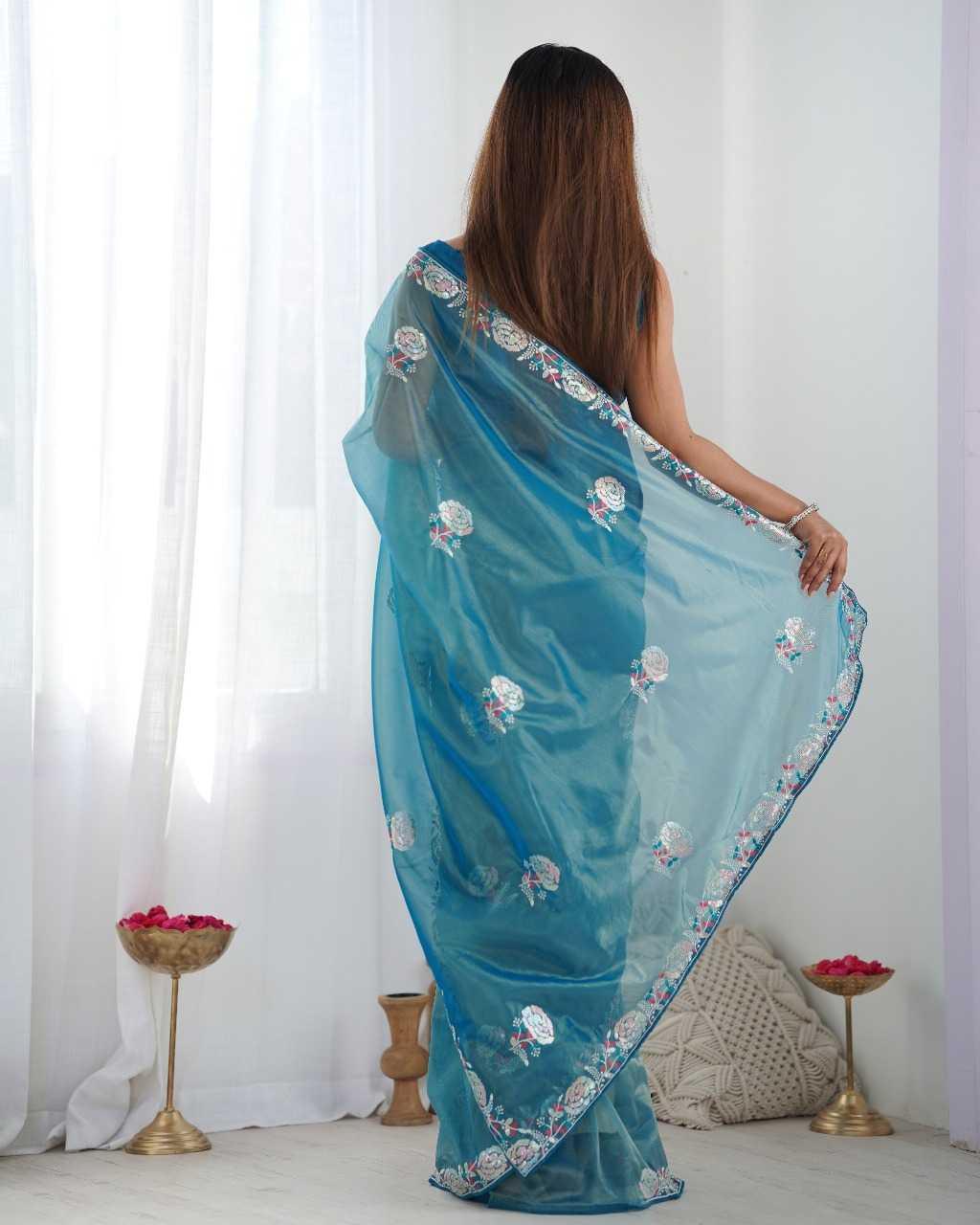 Designer Net Saree with Embroidered Border & Unstitched Banglori Silk Blouse – Party & Festive Wear (Morpich) - House of ViDi