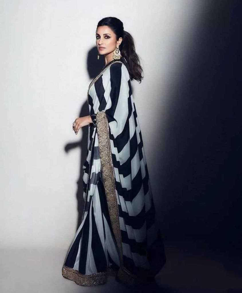 Parineeti Chopra Style Black & White Georgette Saree with Embroidery & Sequin Work – Designer Party Wear - House of ViDi