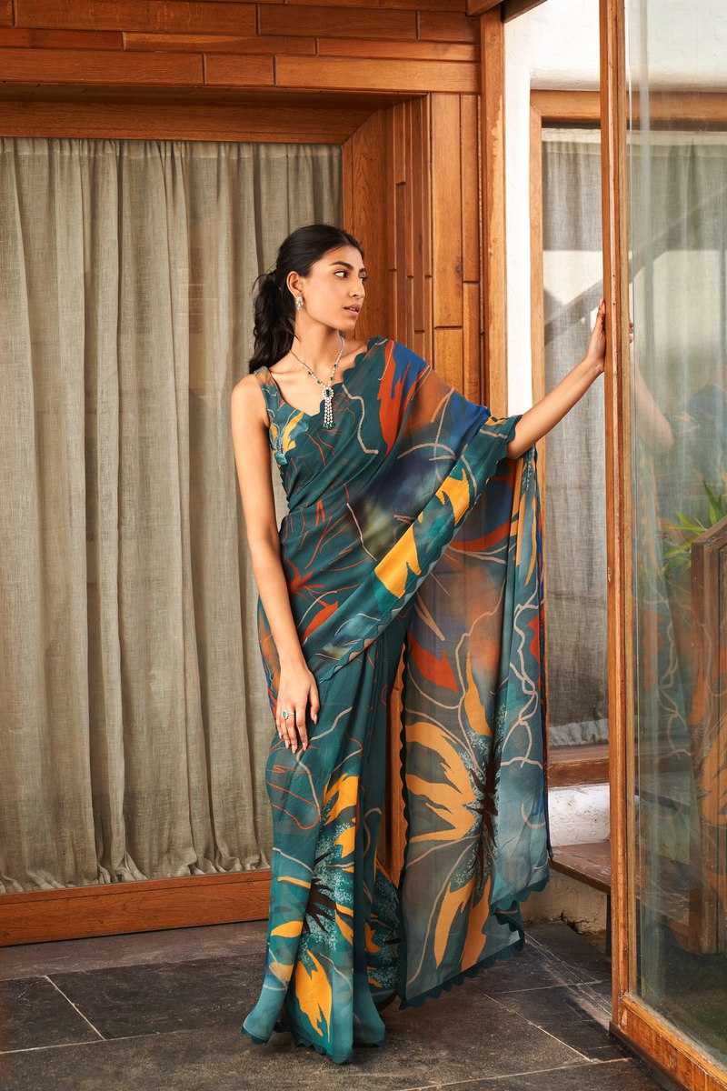 Soft Moss Silk Floral Printed Saree with Unstitched Blouse | Lightweight Summer Wear (Dark Green)