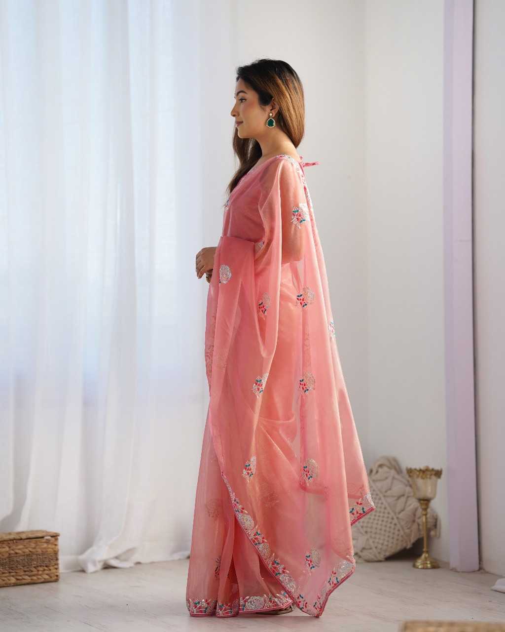 Designer Net Saree with Embroidered Border & Unstitched Banglori Silk Blouse – Party & Festive Wear (Peach)