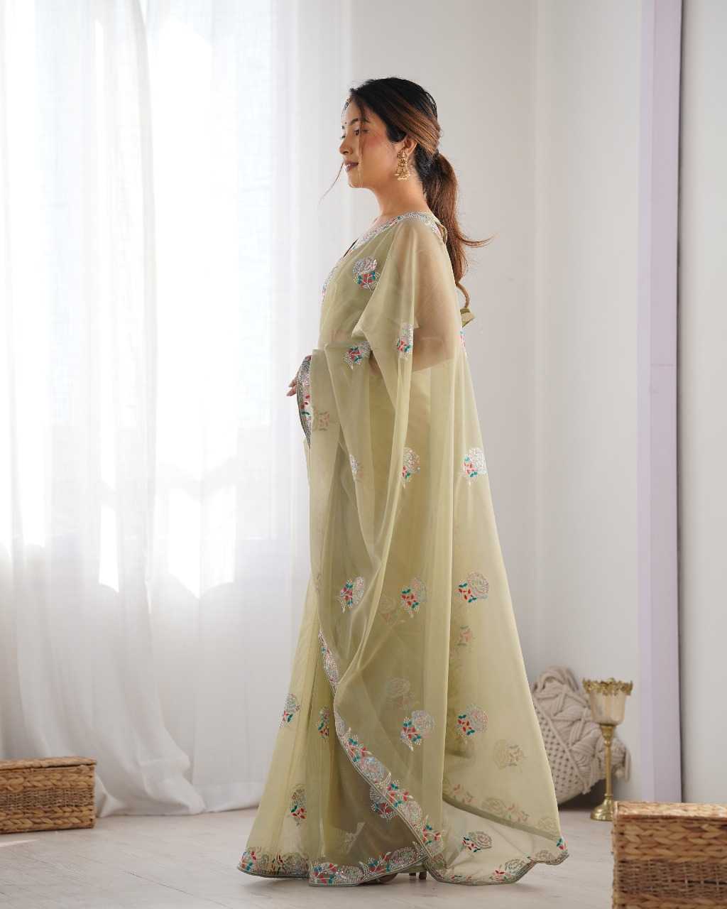 Designer Net Saree with Embroidered Border & Unstitched Banglori Silk Blouse – Party & Festive Wear (Mehndi)