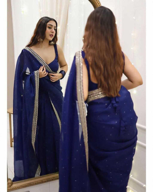Blue Organza Silk Saree with Beads & Sequin Embellishments – Designer Party Wear - House of ViDi