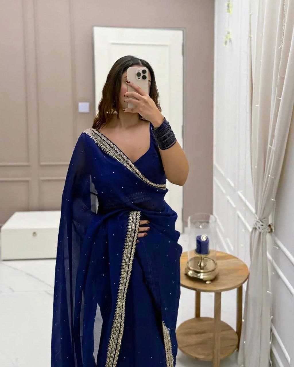 Blue Organza Silk Saree with Beads & Sequin Embellishments – Designer Party Wear - House of ViDi