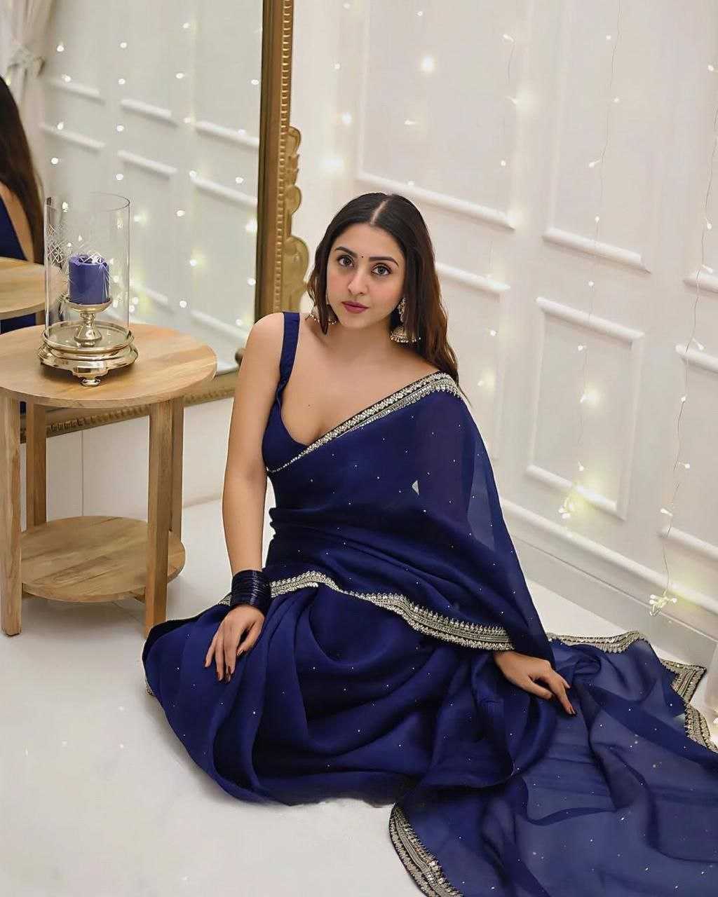 Blue Organza Silk Saree with Beads & Sequin Embellishments – Designer Party Wear - House of ViDi