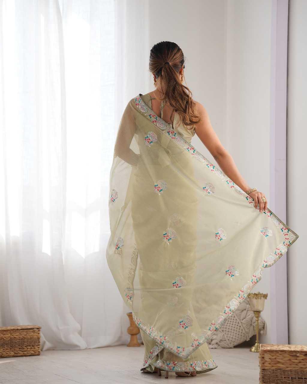 Designer Net Saree with Embroidered Border & Unstitched Banglori Silk Blouse – Party & Festive Wear (Mehandi) - House of ViDi
