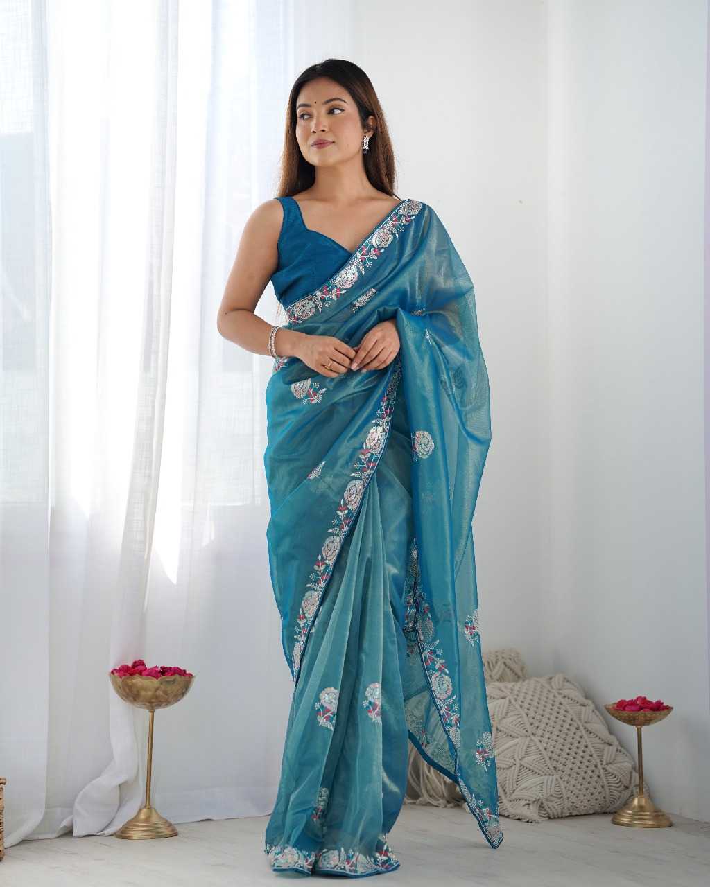 Designer Net Saree with Embroidered Border & Unstitched Banglori Silk Blouse – Party & Festive Wear (Morpich)