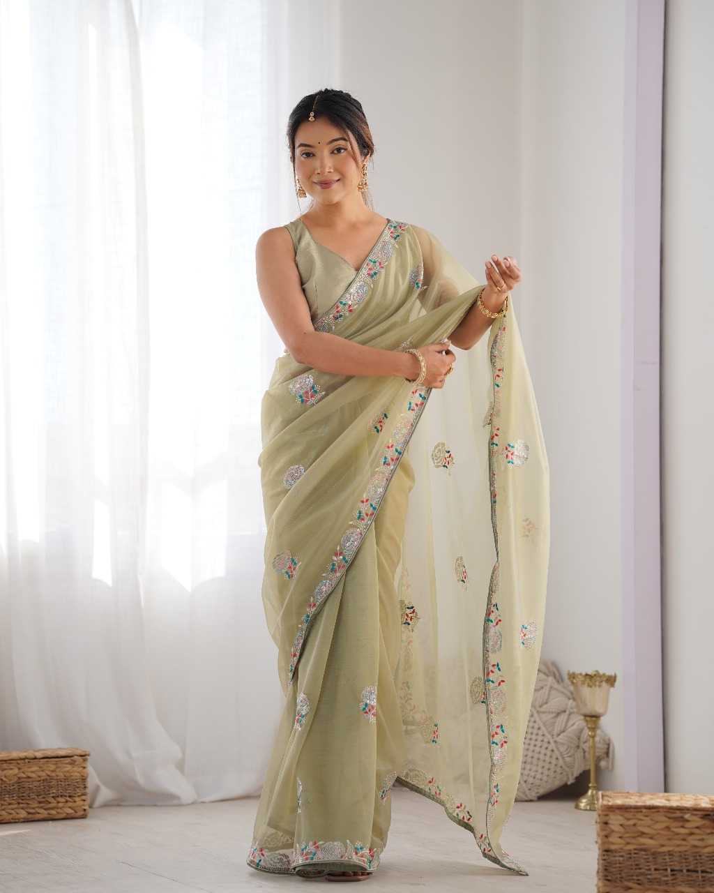 Designer Net Saree with Embroidered Border & Unstitched Banglori Silk Blouse – Party & Festive Wear (Mehndi)
