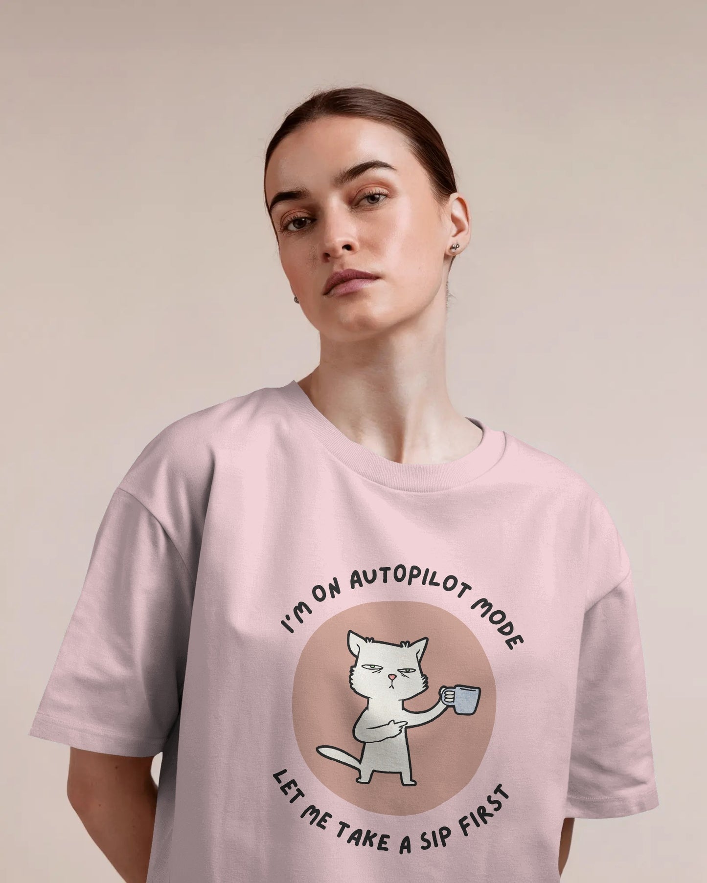 Autopilot Mode Cat Oversized T-shirt | Coffee Mood Tee - House of ViDi