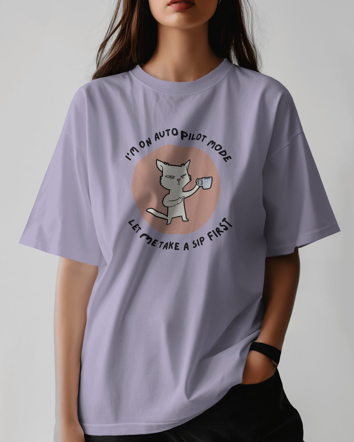 Autopilot Mode Cat Oversized T-shirt | Coffee Mood Tee - House of ViDi