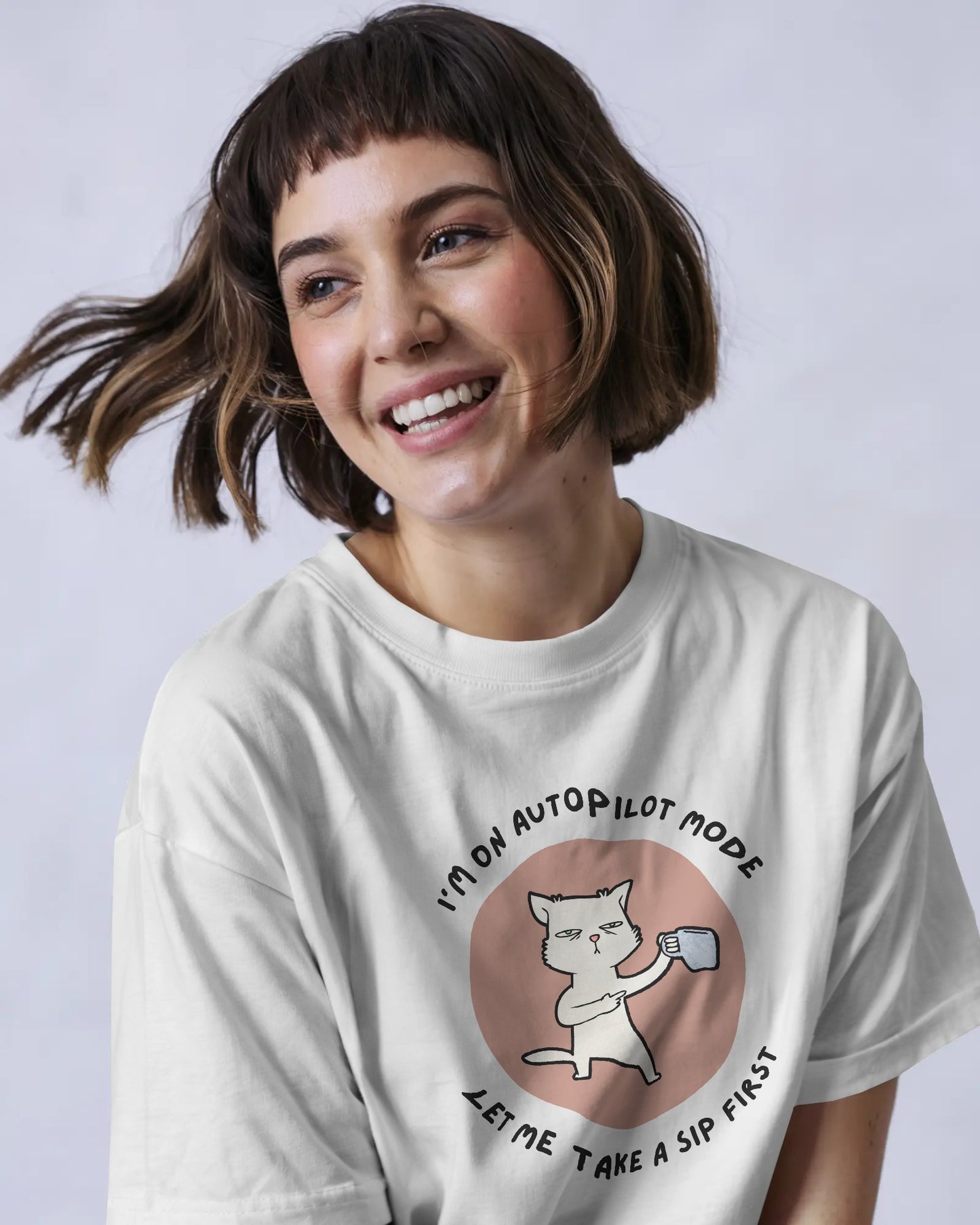 Autopilot Mode Cat Oversized T-shirt | Coffee Mood Tee - House of ViDi