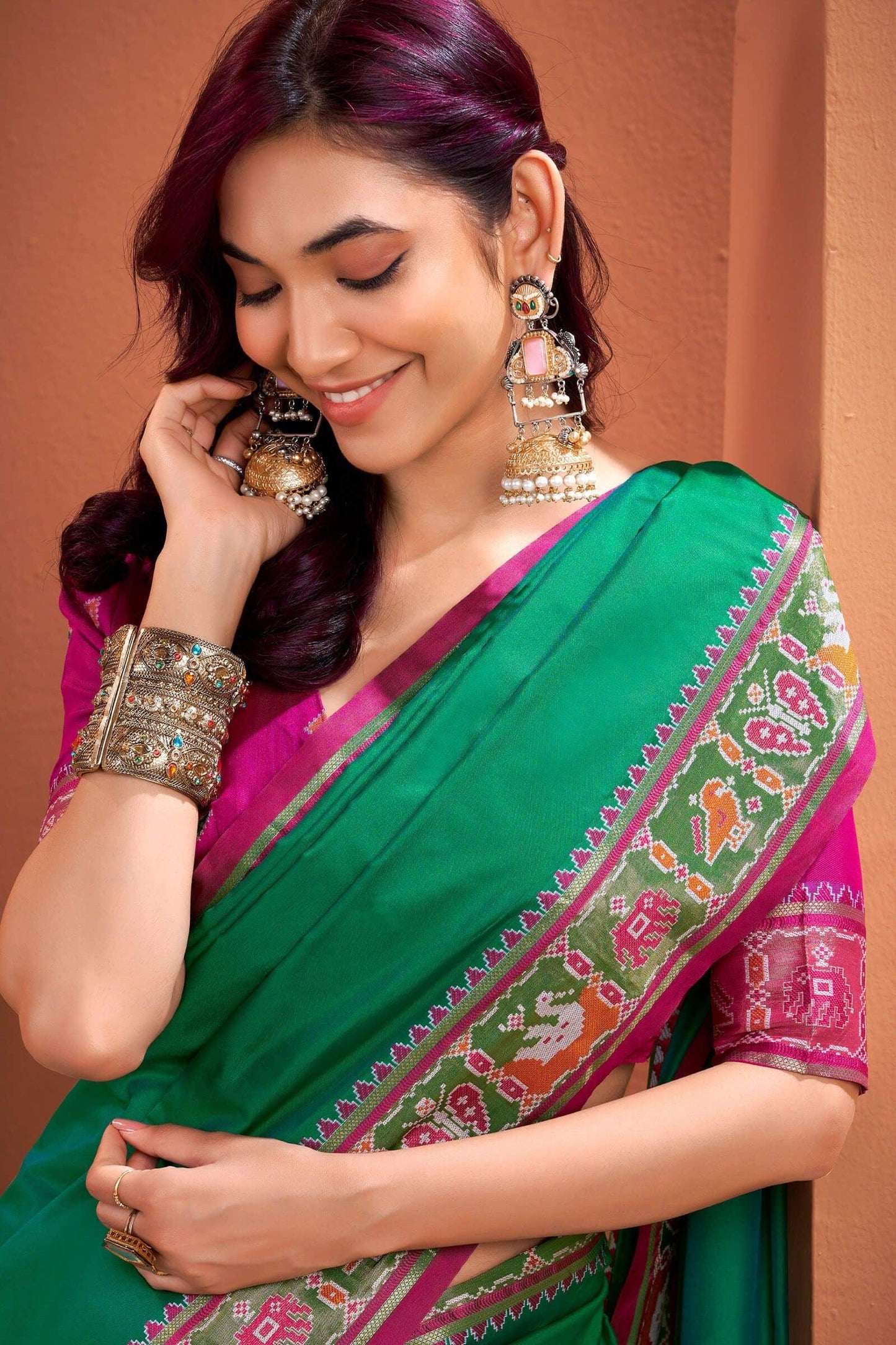 Green Patola Silk Saree with Traditional Weaving Border – Elegant Festive & Party Wear Saree - House of ViDi