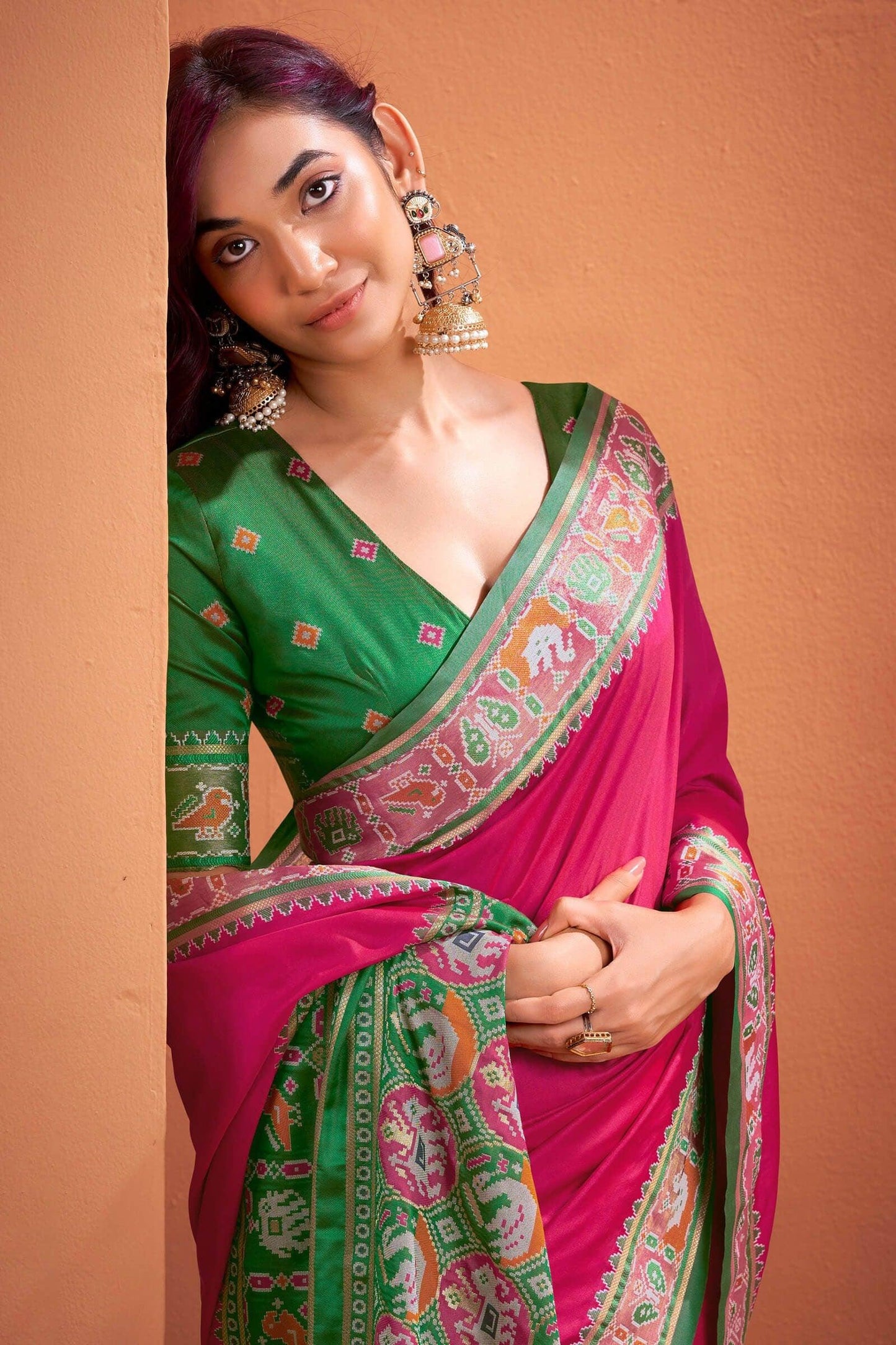 Rani Patola Silk Saree with Traditional Weaving Border – Elegant Festive & Party Wear Saree - House of ViDi