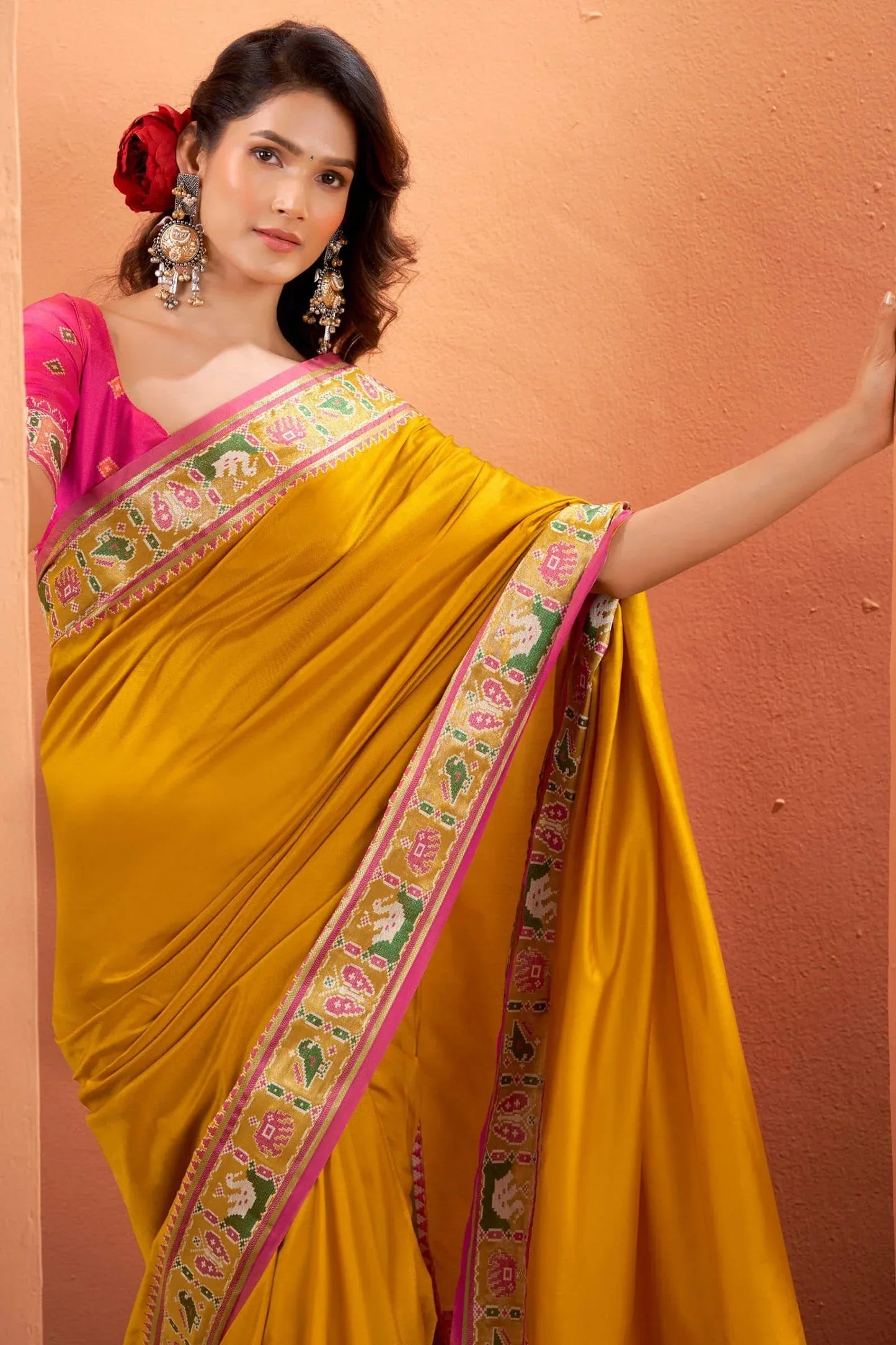 Mustard Patola Silk Saree with Traditional Weaving Border – Elegant Festive & Party Wear Saree - House of ViDi