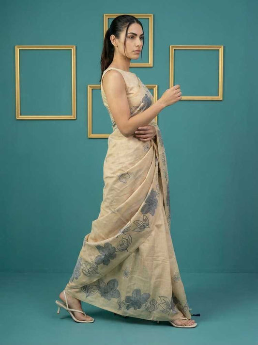 Off White Muga Cotton Saree with Resham Weaving & Floral Pencil Art