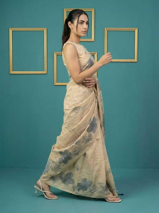 Off White Muga Cotton Saree with Resham Weaving & Floral Pencil Art - House of ViDi