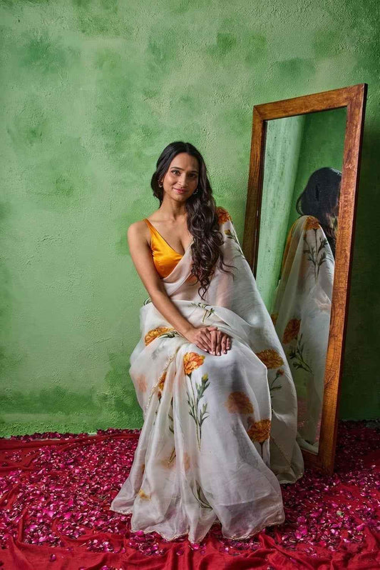 Premium Soft Tabby Floral Print Saree with Cutdana Handwork & Jalapari Silk Blouse