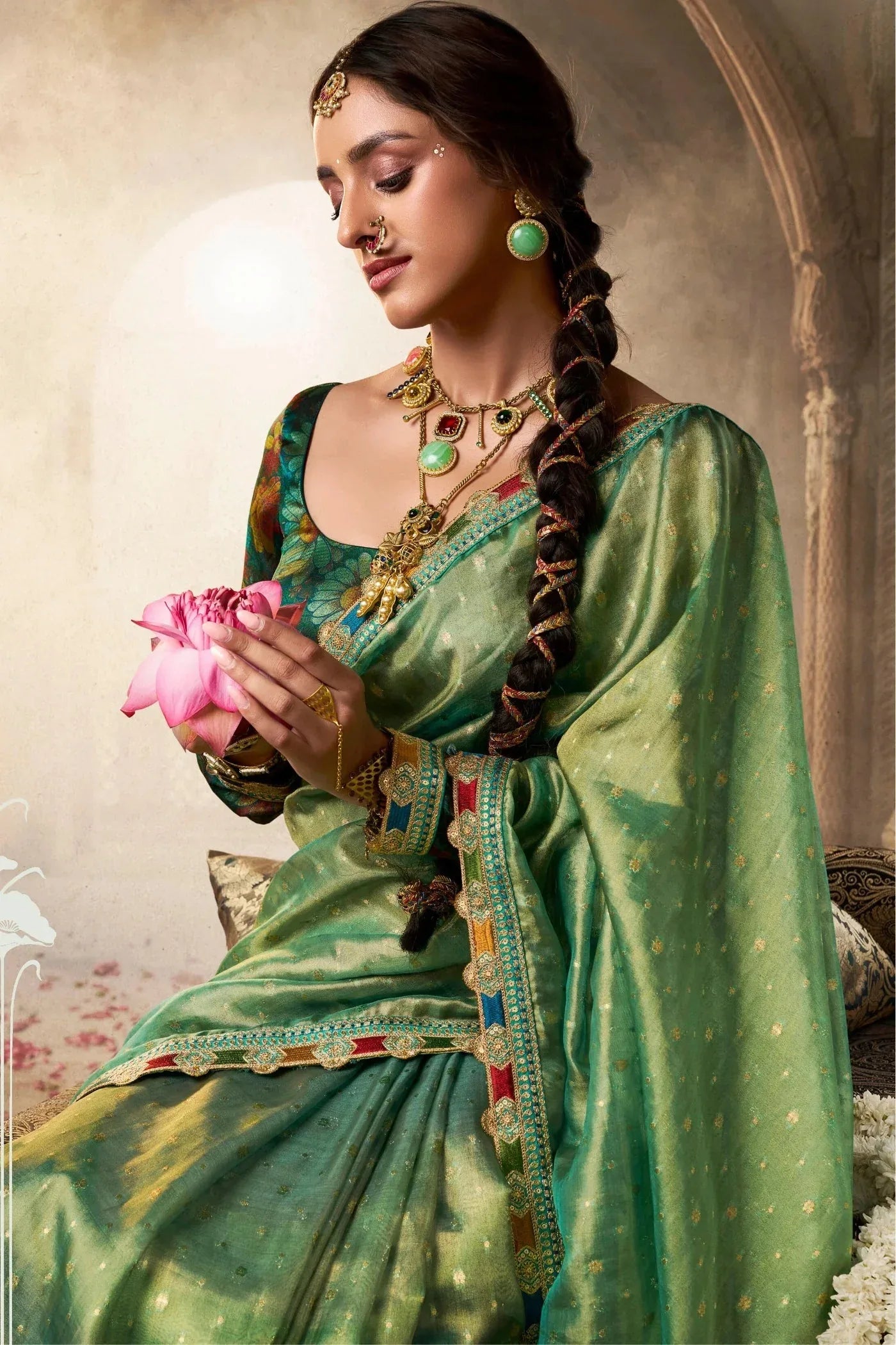 Green Pure Tissue Saree with Multicolored Lace & Heavy Designer Blouse | Premium Festive & Designer Saree - House of ViDi
