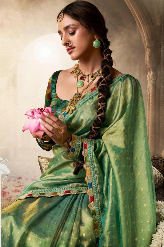 Green Pure Tissue Saree with Multicolored Lace & Heavy Designer Blouse | Premium Festive & Designer Saree - House of ViDi