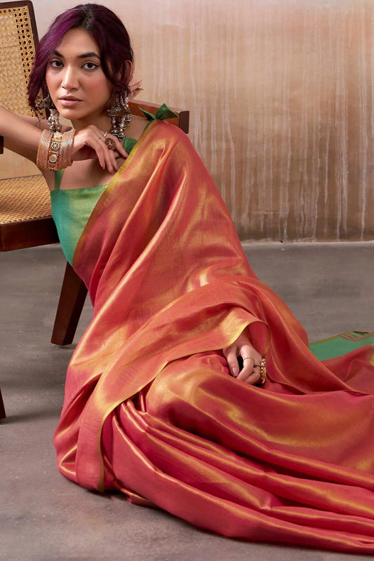 Pink Pure Handloom Tissue Silk Saree – Premium Designer Festive Wear Ensemble - House of ViDi