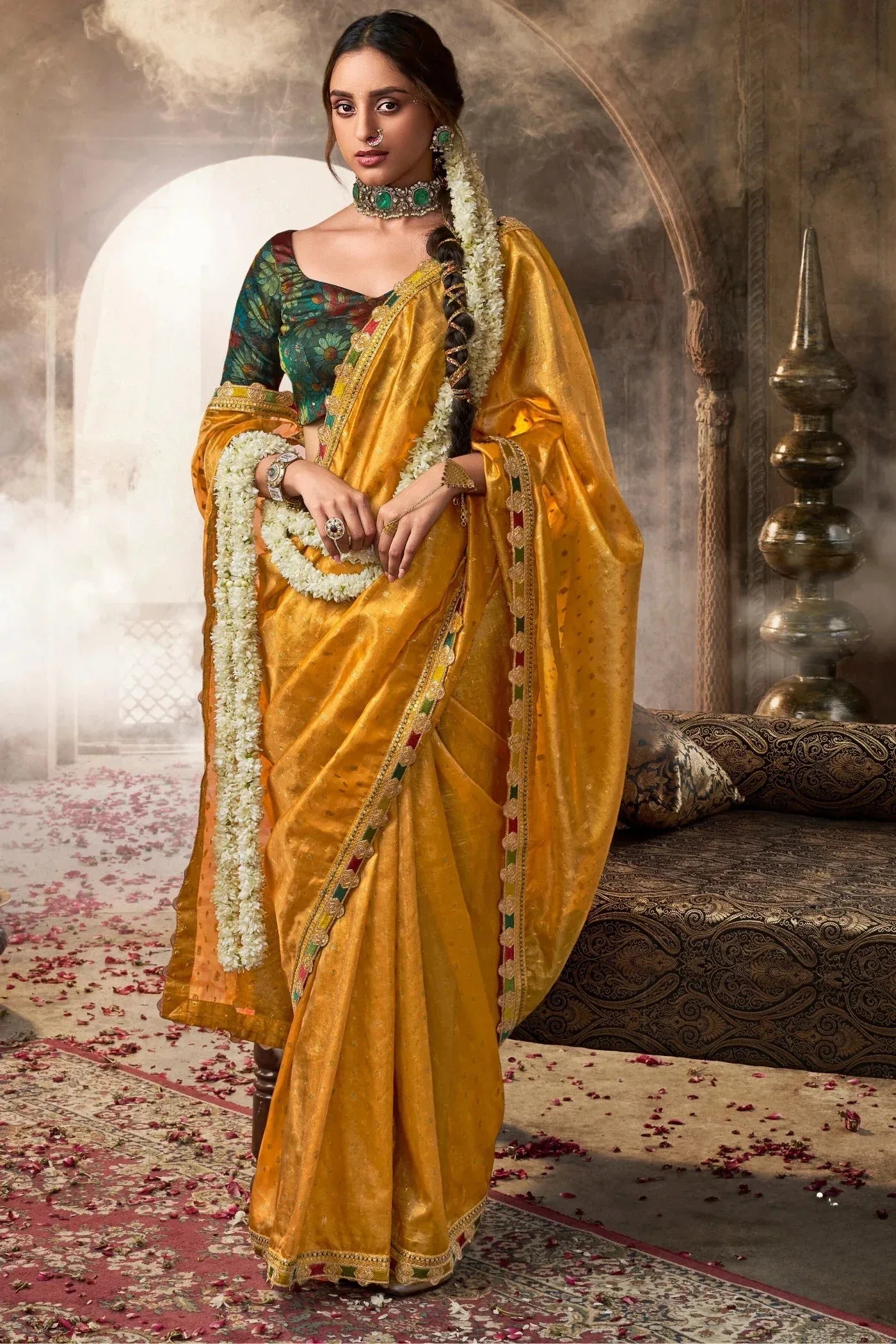 Mustard Pure Tissue Saree with Multicolored Lace & Heavy Designer Blouse | Premium Festive & Designer Saree - House of ViDi