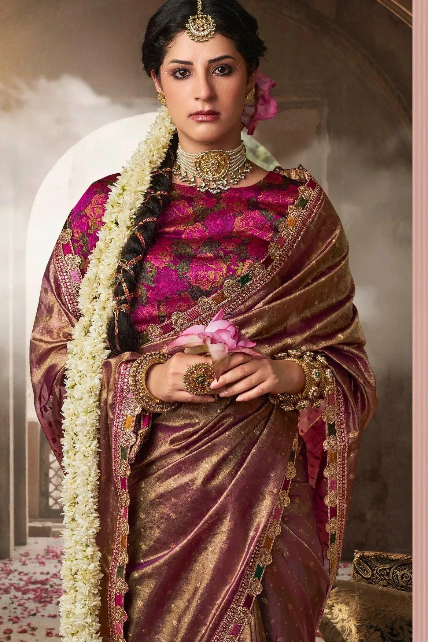 Bronze Pure Tissue Saree with Multicolored Lace & Heavy Designer Blouse | Premium Festive & Designer Saree - House of ViDi