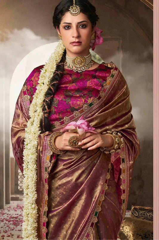 Bronze Pure Tissue Saree with Multicolored Lace & Heavy Designer Blouse | Premium Festive & Designer Saree - House of ViDi
