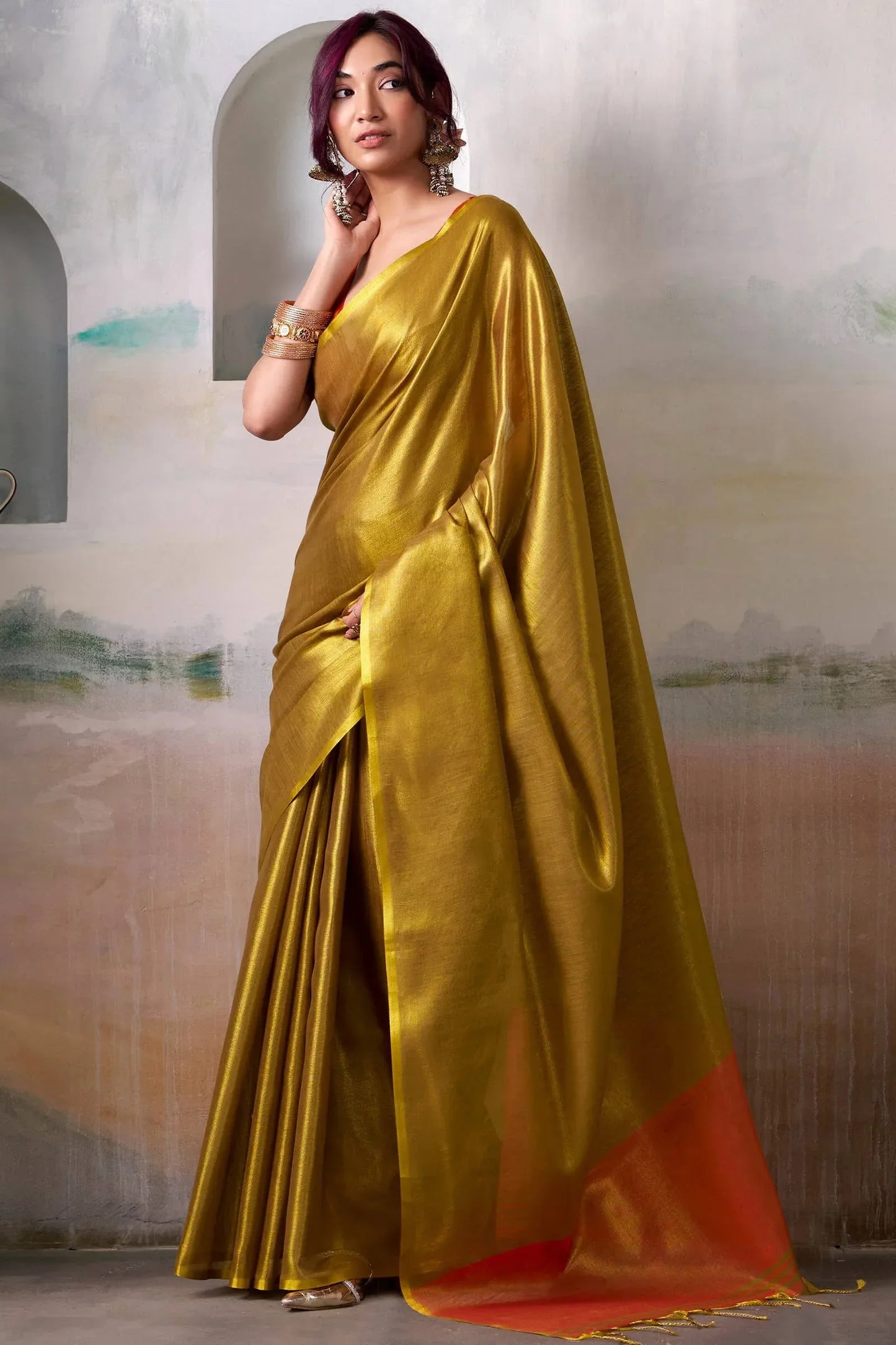 Golden Pure Handloom Tissue Silk Saree – Premium Designer Festive Wear Ensemble - House of ViDi