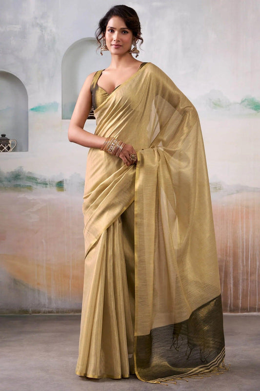 Cream Pure Handloom Tissue Silk Saree – Premium Designer Festive Wear Ensemble - House of ViDi